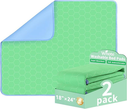 Waterproof Washable Underpads Pee Pad (Green 18" x 24" 2 Pack), Reusable Absorbency Bedwetting Incontinence Bed Pads for Kids Adults Elderly Dog Pet, Puppy Pads for Mattress Couches Sofas Floors