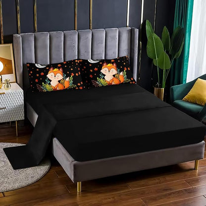 Cartoon Fox Comforter Set 7Pcs Cute Fox Bedding Set for Kid Boy Girl Adult Moon Plants Leaves Printed Quilt Set Full with 2 Sheets,2 Pillowcases,2 Throw Pillow Covers