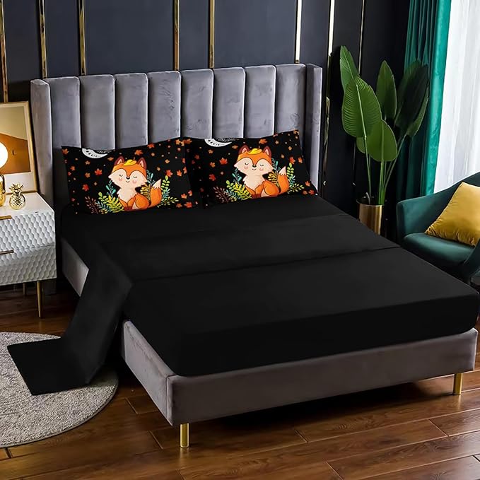 Cartoon Fox Comforter Set 7Pcs Cute Fox Bedding Set for Kid Boy Girl Adult Moon Plants Leaves Printed Quilt Set Twin with 2 Sheets,2 Pillowcases,2 Throw Pillow Covers