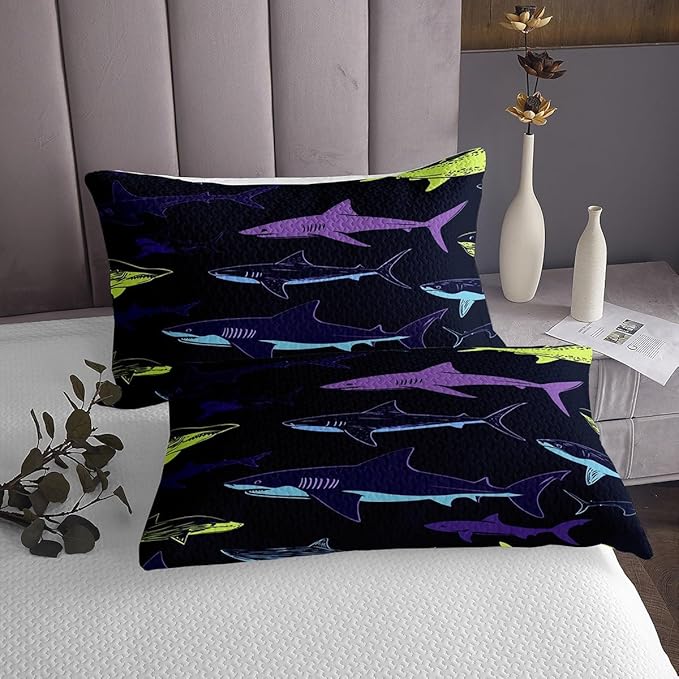 Erosebridal Shark Coverlet Set, Cartoon Shark Bedding Quilted Sea Animal Bedspread for Kids Girls Boys, Soft Microfiber Decorative 3 Pieces King Size, Dark Navy