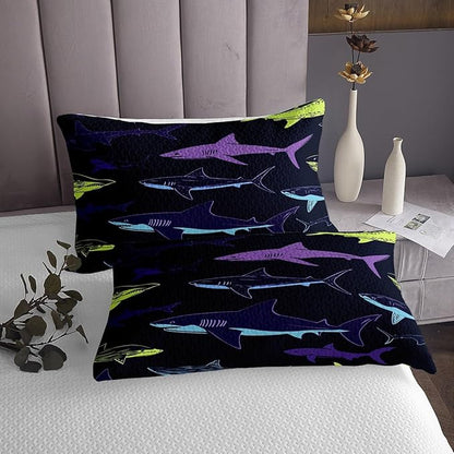 Erosebridal Shark Coverlet Set, Cartoon Shark Bedding Quilted Sea Animal Bedspread for Kids Girls Boys, Soft Microfiber Decorative 3 Pieces King Size, Dark Navy