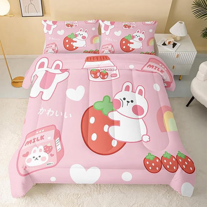 QOOMO Strawberry Rabbit Comforter Set for Kids Teens Girls Women,Pink Bunny Kids Comforter,1 Comforter with 2 Pillowcase, Microfiber 3 Piece Bedding Set,for All Seasons(Pink，King Size)