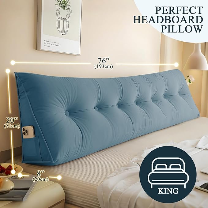 Headboard Pillow King, Large Triangular Wedge Headboard Pillow for Reading and Resting, Backrest Positioning Support Pillow with Removable Cover (Light Blue)