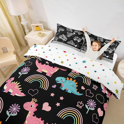 Lovely Dino Duvet Cover Set Full Size,Cute Rainbow Floral Love Heart Reversible Quilt Cover with 2 Pillowcases,Pink Black Dinosaur Kawaii Animal Breathable Bedding Set (NO Comforter), Soft