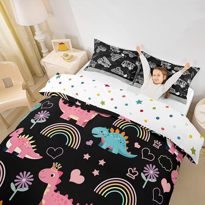 Lovely Dino Duvet Cover Set Twin Size,Cute Rainbow Floral Love Heart Reversible Comforter Cover (Not Comforter),Pink Black Dinosaur Kawaii Animal Polyester Bedding Set Bedroom Decor, 2 Pcs