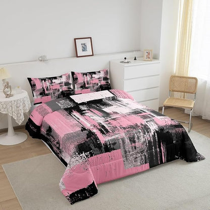 Feelyou Pink Black Abstract Duvet Quilt Toddler Size Geometric Bedding Set for Kids Boys Girls Decor Modern Comforter Set Breathable Soft Lightweight Microfiber Buffalo Check Bedroom Decor Bedclothes