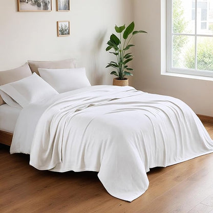 Twin Size Blanket, 70% Rayon (Derived from Bamboo) and 30% Cotton, Lightweight Jacquard Weave, Breathable and Soft Summer Blanket for Bed or Couch, 66” x 90”, White