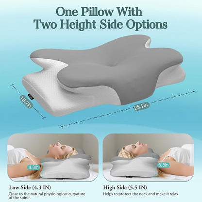 Cervical Neck Pillow for Sleeping,Memory Foam Pillows for Neck Pain Relief,Ergonomic Neck Support Contour Pillow for Side Back Stomach Sleepers,Orthopedic Breathable Pillowcase(Light Grey)