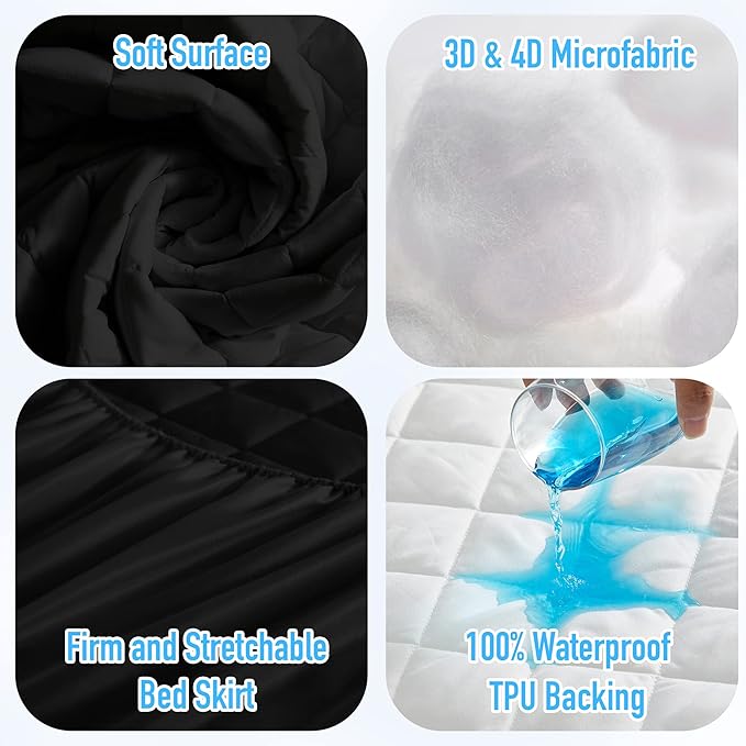 HYLEORY King Size Waterproof Mattress Pad Protector, Breathable Quilted Mattress Cover Noiseless Waterproof Fitted Sheet Mattress Topper Upto 21" Deep Pocket, Black