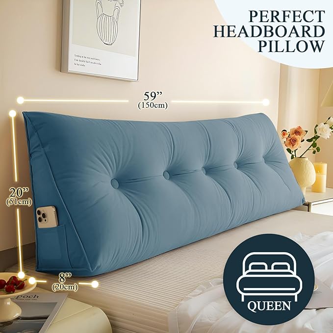 Headboard Pillow Queen, Large Triangular Wedge Headboard Pillow for Reading and Resting, Backrest Positioning Support Pillow with Removable Cover (Light Blue)