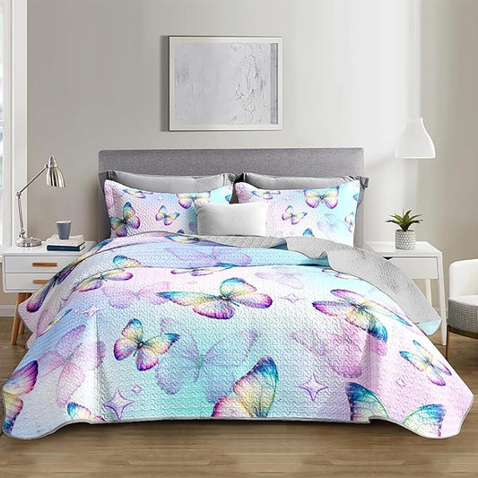 3-Piece Butterfly Quilt Set Full Size,Blue Butterfly Printed Bedding for Kids Teens Girls Room Decor,Soft Lightweight Quilted Quilt Sets with 2 Pillowcases.