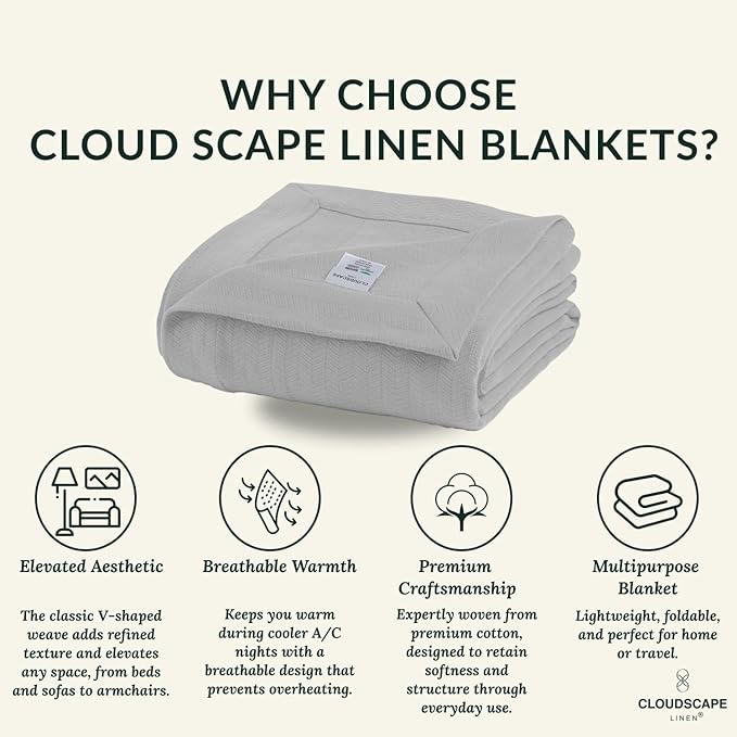 Cloud Scape Linen Herringbone Cotton Twin Blanket for Couch, Bed,Sofa, Home Decor, Soft, Weighted, All-Season, Winter Bed Blanket, Best Gift Idea, 68 x92, Light Grey