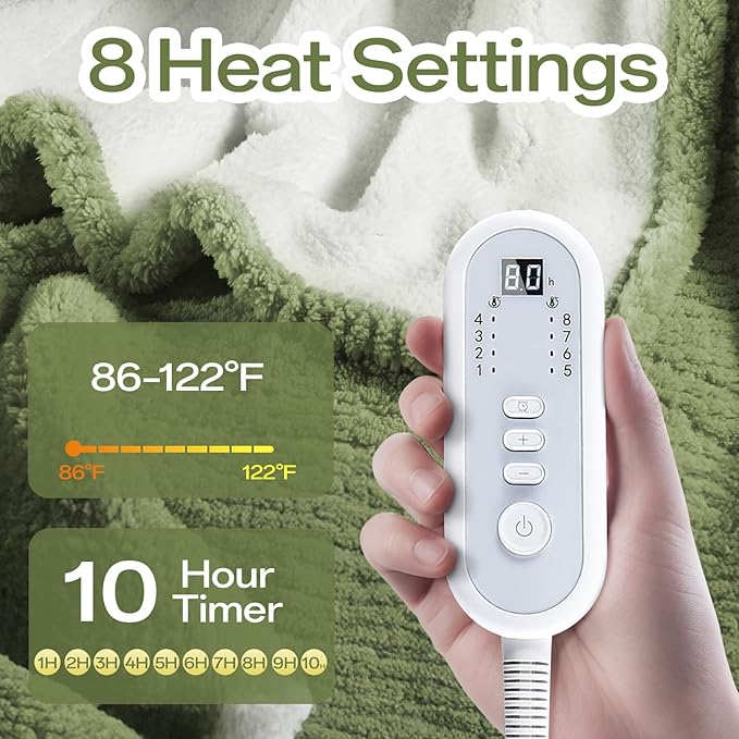 Heated Blanket Electric Blanket Full Size Fuzzy Fleece, 72" x 84" Soft Fluffy Fast Heating Blanket 8 Heating Levels & 10 Hours Auto Off with ETL & FCC Certification, Green