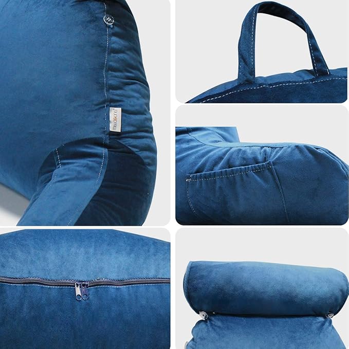 Reading Pillow for Sitting in Bed Adult with Detachable Neck Roll & Big Backrest Pillow for Bed Sitting up with Arms Side Pocket Shredded Foam Back Pillows Chair Pillow with Washable Cover