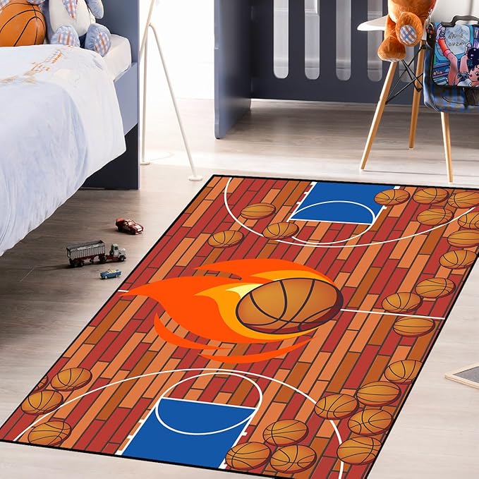 Basketball Court Rug - Basketball Rug for Boys Bedroom, Sports Decor for Boys Bedroom Kids Carpet, Sports Themed Carpets for Playroom Living Room Floor Mat or Door mat, 2x3 Feet