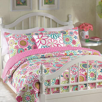 Cozy Line Home Fashions Pink Mariah Floral Polka Dot Reversible Quilt Bedding Set, Coverlet, Bedspreads for Girls (Twin - 3 Piece, 1 Quilt + 1 Sham + 1 Decorative Pillow)