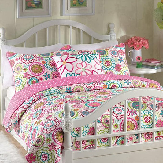 Cozy Line Home Fashions Pink Mariah Floral Polka Dot Reversible Quilt Bedding Set, Coverlet, Bedspreads for Girls (Twin - 3 Piece, 1 Quilt + 1 Sham + 1 Decorative Pillow)