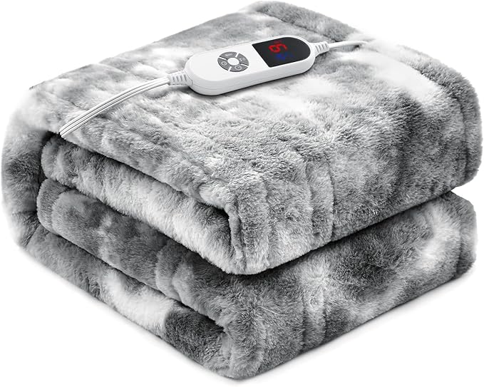 Electric Heated Blanket 62"x84",Luxury Grey Twin Faux Rabbit Fur Electric Blanket,Fast Heating Soft Fluffy Thick Electric Blanket with 6 Heating Levels & 12H Auto Off