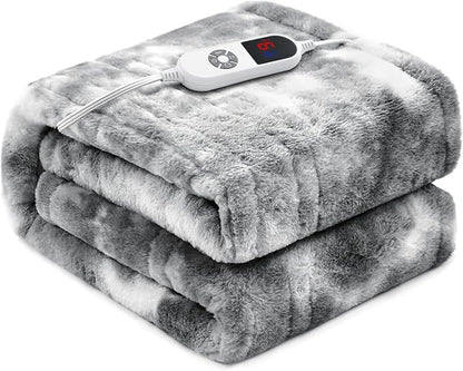 Electric Heated Blanket 50"x60",Luxury Grey Faux Rabbit Fur Electric Throw Blanket,Fast Heating Soft Fluffy Thick Electric Blanket with 6 Heating Levels & 12H Auto Off