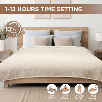 Westinghouse Electric Blanket King, Flower Jacquard Heated Blanket King Size with 10 Heating Levels and 1-12 Hours Auto-Off, Flannel to Sherpa Reversible, Machine Washable (90" x 100", Beige)