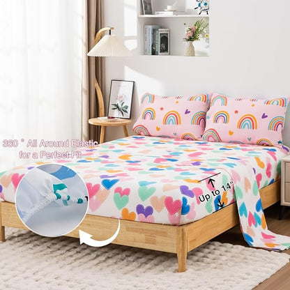 Holawakaka Boho Rainbow Twin Comforter Set with Sheets, 5-Piece Bohemian Love Heart Star Bedding Set for Girls & Women -Super Soft Microfiber Kids Teen-Girls Twin Size Blush Reversible Bed-in-a-Bag