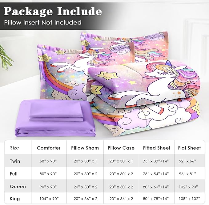 Full Size Comforter Set with 2 Pillowcases & 2 Shams, Cute Animal Unicorn 7 Pcs Bedding for Kids and Teens, Rainbow Girls Love Bed in a Bag with Flat Fitted Sheet