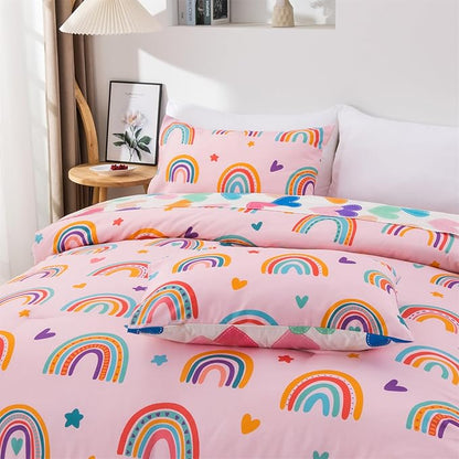 Holawakaka Boho Rainbow Twin Comforter Set with Sheets, 5-Piece Bohemian Love Heart Star Bedding Set for Girls & Women -Super Soft Microfiber Kids Teen-Girls Twin Size Blush Reversible Bed-in-a-Bag