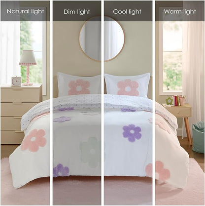Intelligent Design Kids Full Duvet Cover Set for Girls, Tufted Chenille Floral Duvet Set Queen, Lightweight Polka Dot Reversible Bedding Cover, Gracie, Full/Queen White/Purple 4 Piece