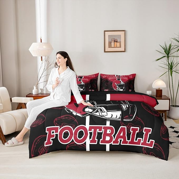 Feelyou Football Comforter Set with Sheets 7 Piece King Size Ball Games Bedding Set for Kids Boys Girls Rugby Bed in a Bag City of Footballs Room Decor Rugby Sports Soft Lightweight
