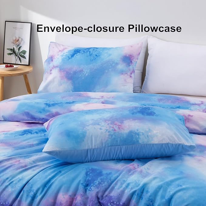 Purple Blue Twin Comforter Set, 3 Piece Tie Dye Comforter with 2 Pillowcases for Girls Boys Teens, Lightweight Microfiber Watercolor Twin Bedding Set, All Season Washable Easy Care