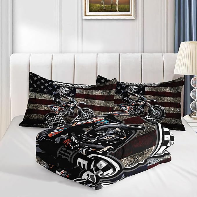 Dirt Bike Comforter Set Retro American Flag Black and White Checkered Comforter Sets Quilt with 1 Comforter and 2 Pillowcases for Kids Boys Bedroom All Season（Dirt Bike-3 Queen）
