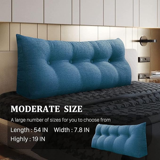 Wedge Headboard Pillow Dorm Room Reading Pillow Back Support for Sitting Up in Bed Bolster Lumbar Cushion Body Positioning Bedrest Cotton Linen 59in Blue Queen
