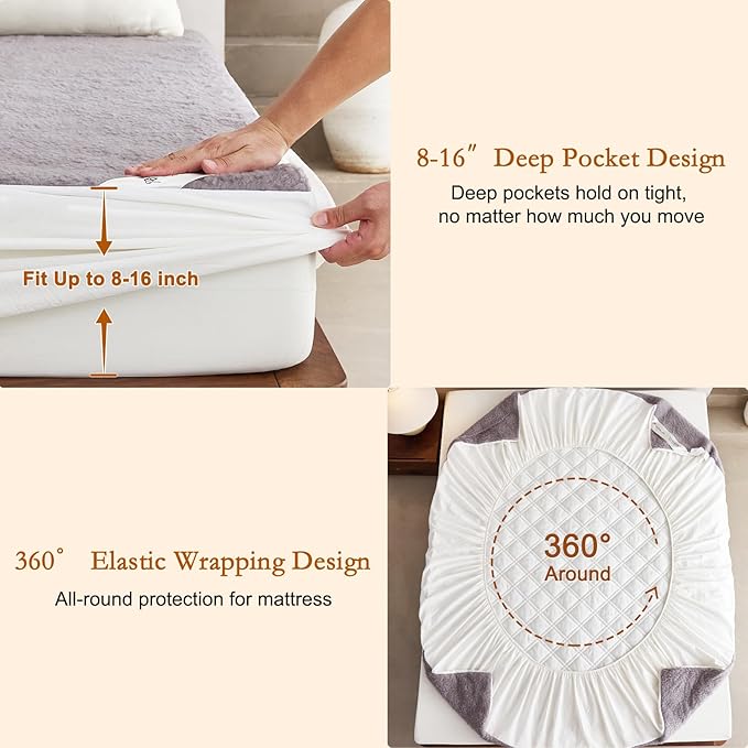 YOUR MOON Wool Fleece Mattress Pad Twin – Organic Australian Wool Plush Mattress Topper, 370GSM Velvet Breathable Bed Mattress Cover with 16" Deep Pocket, 39"x75", Gray