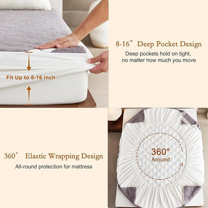 YOUR MOON Wool Fleece Mattress Pad Twin – Organic Australian Wool Plush Mattress Topper, 370GSM Velvet Breathable Bed Mattress Cover with 16" Deep Pocket, 39"x75", Gray
