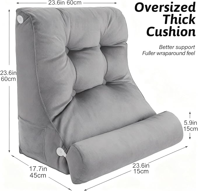 2PCS Reading Backrest Pillow Set,Soft FleeceLike,22''x24'' Bed Rest Pillow w/Removable Washable Cover,for Sit/Sleep,Leg/Back Support,Acid Reflux,PostSurgery Relief,Side Phone Pocket,Light Grey