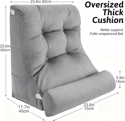 2PCS Reading Backrest Pillow Set,Soft FleeceLike,22''x24'' Bed Rest Pillow w/Removable Washable Cover,for Sit/Sleep,Leg/Back Support,Acid Reflux,PostSurgery Relief,Side Phone Pocket,Light Grey