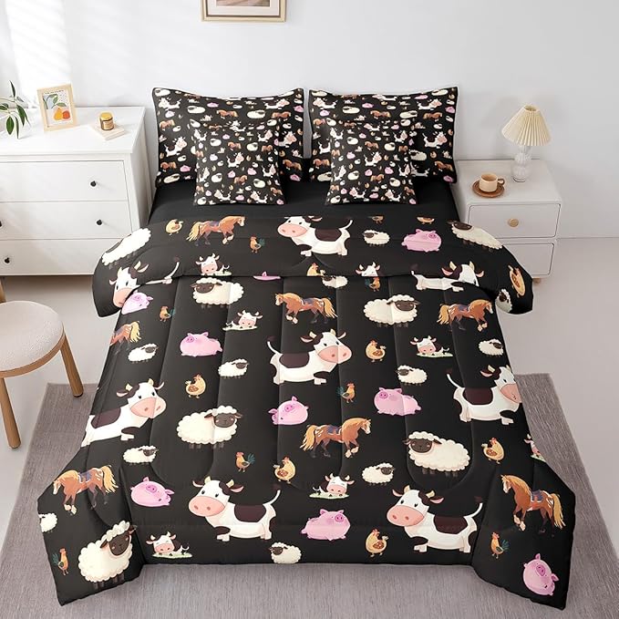 Feelyou Farm Animal 7 Piece Bedding Set Full Size Cartoon Animals Comforter Set with Sheets for Boys Girls Black Bed in a Bag Funny Country Theme Bed Set
