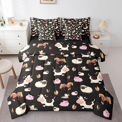 Feelyou Farm Animal 7 Piece Bedding Set Full Size Cartoon Animals Comforter Set with Sheets for Boys Girls Black Bed in a Bag Funny Country Theme Bed Set
