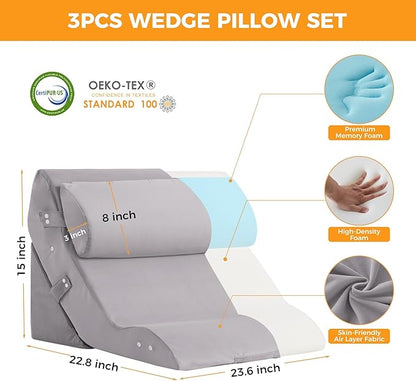 3PCS Wedge Pillow Set for After Surgery, 10-in-1 Adjustable Wedge Pillow for Acid Reflux Relief, Bed Wedge Pillows for Sleeping, Snoring & Back Pain Relief, Sit up Pillow for Bed, Plush Grey