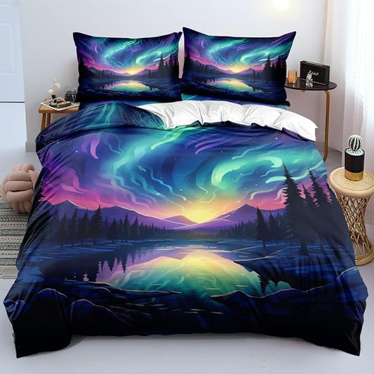 Aurora Duvet Cover Set Twin Colorful Aurora Printed Astronomical Nature Landscape Soft Bedding Comforter Cover and 2 Pillow Shams for Boys Girls Kids Teens