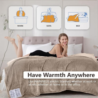 Wapaneus Heated Blanket Electric Queen Size 84"x90"-Dual Control with 10 Heat Levels 12 Timer Settings and 8 Hours Auto-Shut Off,Fast-Heating Electric Blanket,ETL Listed Machine Washable,Mushroom