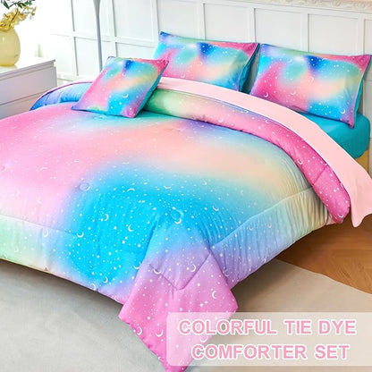 URBONUR 6Pcs Rainbow Comforter Set for Girls Full Size Multi-Color Pink Blue Green Tie Dye Soft All Season Kids Bedding Bed in A Bag Set