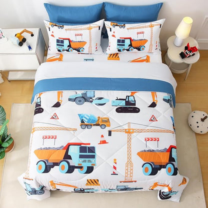 7 Pieces Boys Comforter Set Full Size Excavator Bedding Set Cartoon Car Kids Bed in a Bag Construction Truck Bedding for Children Kids Boys Teens for Birthday Choice