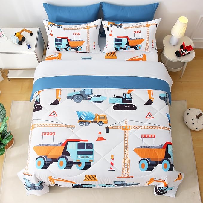 7 Pieces Boys Comforter Set Queen Size Excavator Bedding Set Cartoon Car Kids Bed in a Bag Construction Truck Bedding for Children Kids Boys Teens for Birthday Choice