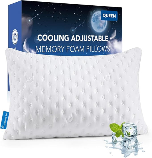 Cooling Side Sleeper Pillow for Neck and Shoulder Pain, Luxury Shredded Memory Foam Curved Bed Pillows for Sleeping Set of 1- Adjustable Queen Size- Washable Cover Original White