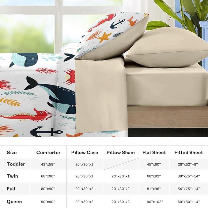 Nesker 7 Pcs Comforter Set Queen Size, Whales Octopuses Seahorses Bedding for Kids Teen, Ocean Sea Animal with Fitted Sheet 2 Pillowcases & 2 Shams for Bedroom Bed Decor