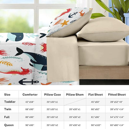 Nesker 5 Pcs Comforter Set Twin Size, Whales Octopuses Seahorses Bedding for Kids Teen, Ocean Sea Animals Bed Sheet with Pillowcase & Sham