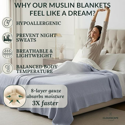 Cloud Scape Linen 8-Layer Muslin Blanket King Size for Adult - 100% Cotton, Breathable and Soft, Perfect Winter Cozy Blanket, Fits up to California King Bed, 92x108, Lavender Blue