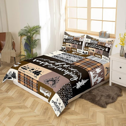 Happy Camping Bedding Set King Size for Teens,RV Camper Adventure Tent Patchwork Comforter Cover with 2 Pillowcases,Rustic Farmhouse Lake Cabin Brown Check Duvet Cover Set Microfiber Quilt Cover