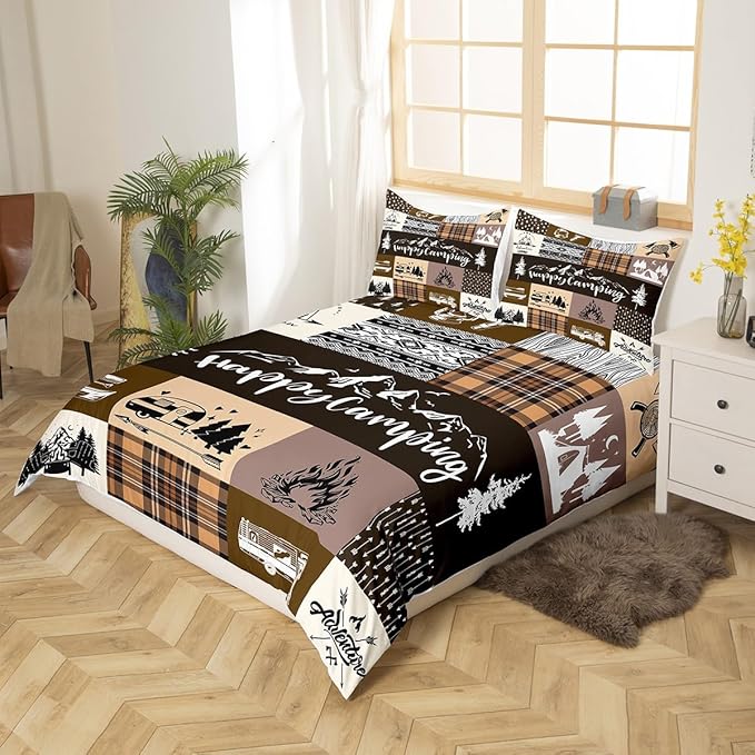 Happy Camping Duvet Cover Queen Size,RV Camper Adventure Tent Patchwork Duvet Cover Set for Children Adult,Rustic Farmhouse Lake Cabin Brown Check Soft Comforter Cover for Dorm Room, Zipper, Ties